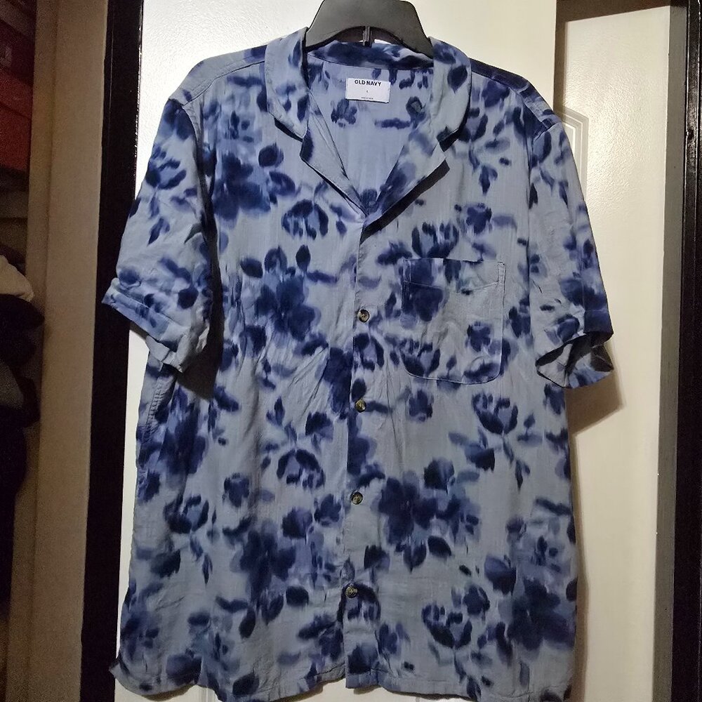 Old Navy Blue Floral Men's Short Sleeve Slub Knit Camp Shirt Size Large